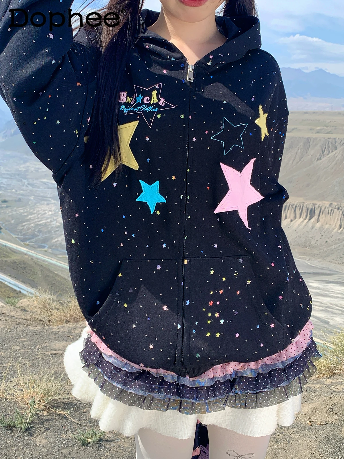 

Y2K Subculture Starry Sky Cardigan Hooded Sweatshirt for Women Autumn New American Style Loose Casual Jacket