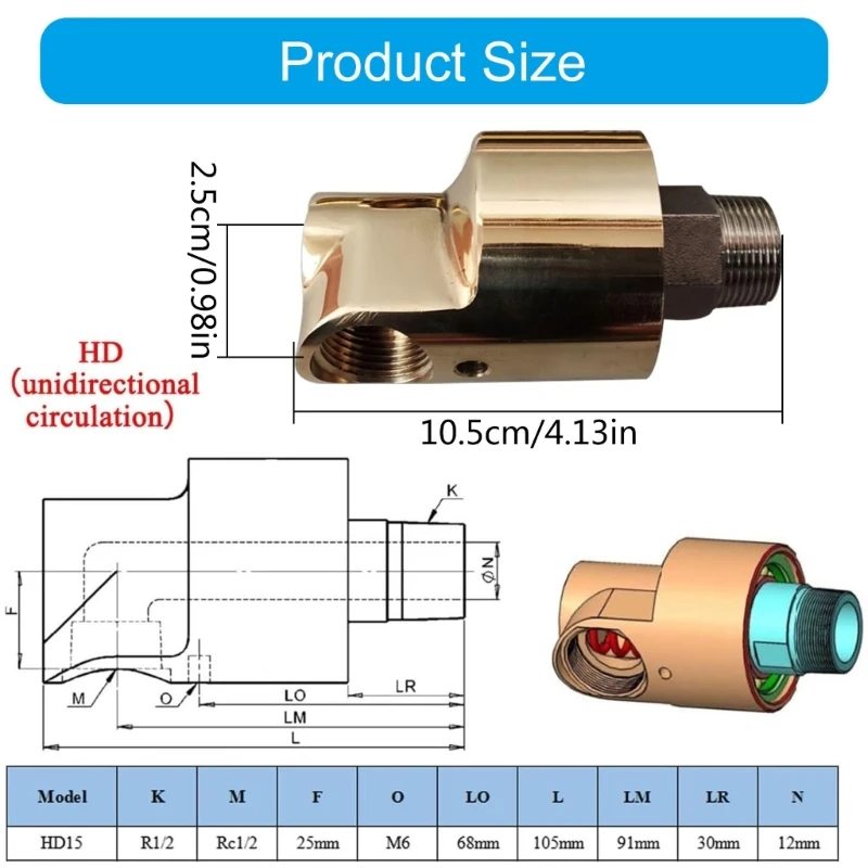 HD15 1/2inch Rotation Brass Swivels Fitting Unidirectional Cooling Rotating Connectors Rotary Joint for Water Oil