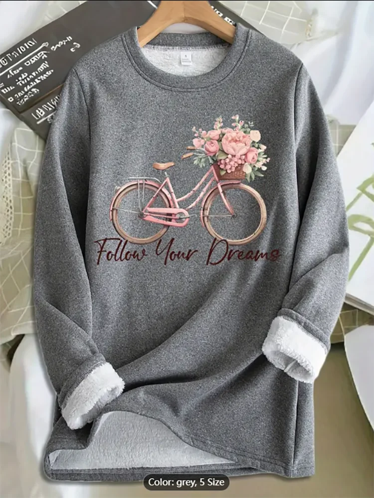 Женская розовая толстовка с цветочным принтом на велосипеде Follow Dreams, повседневный пуловер на флисовой подкладке с графическим принтом, повседневный топ с длинным рукавом