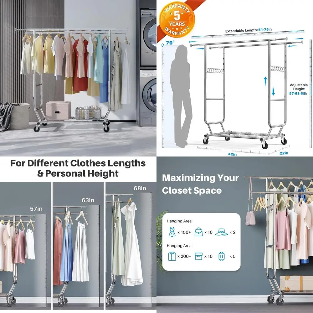 

Прочная складная вешалка для одежды с двумя штангами, грузоподъемностью 650 фунтов, на колесиках и с полками, 22Г x 75Ш x 68В дюймов