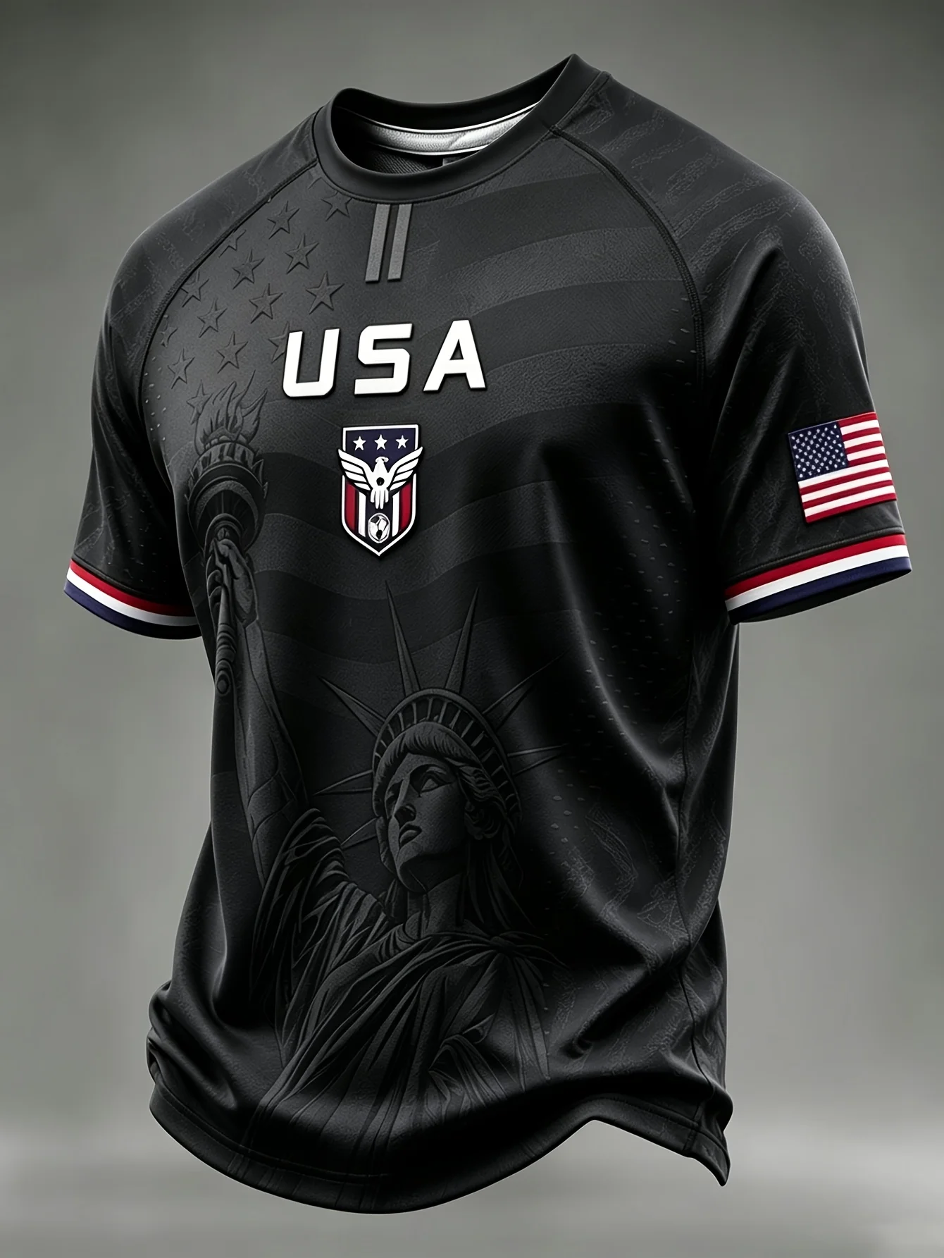 USA Football Jersey Statue of Liberty Print US Flag Eagle Badge Short Sleeve T-Shirt American National Soccer Fan Sports Tops