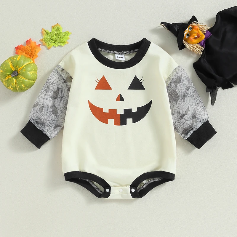 

2023-06-16 Lioraitiin 0-18M Infant Baby Girls Halloween Bodysuit Pumpkin Face Print Spider Web Long Sleeve Newborn Jumpsuits