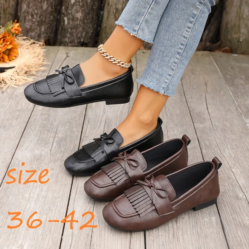 Autumn Women Loafer Shoes Fringe Bow Design Leather Comfortable Flat Sole Daily Commute Casual Footwear for Young Ladies Zapatos