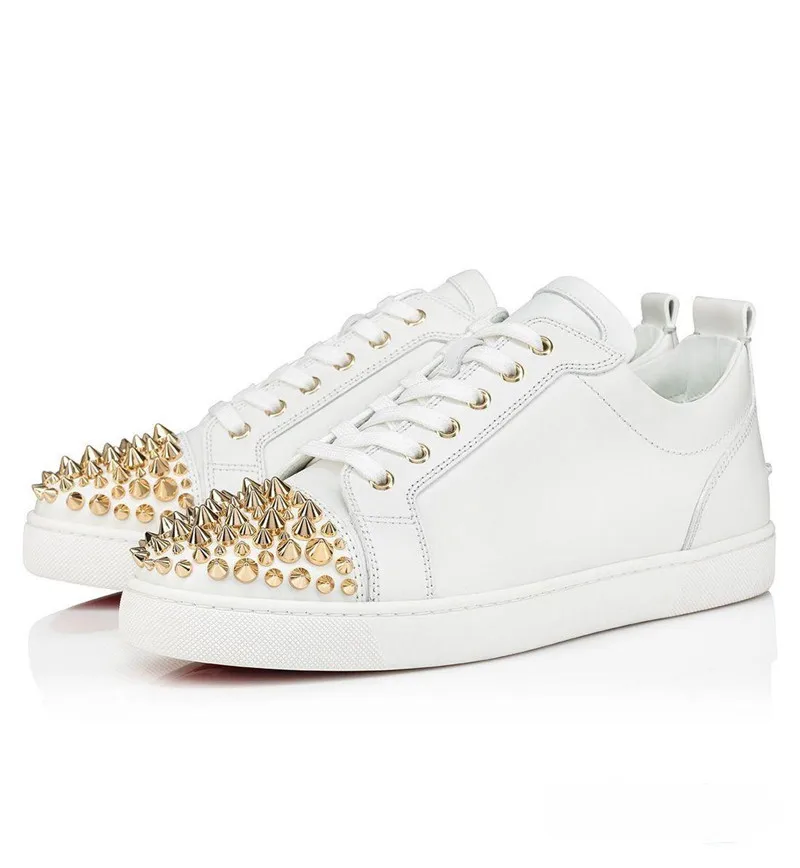 SHOOEGLE High Quality Handmade Men Casual Shoes White Leather Rivets Shoes Lace-up Low-Top Spikes Sneakers Motorcycle Shoes Men