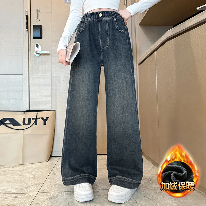 

Зимние теплые джинсы из плотного флиса для девочек-подростков, детские узкие прямые утепленные джинсовые брюки, детские повседневные термоджинсы, брюки