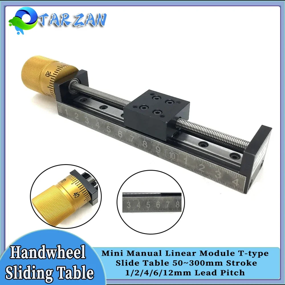 

T-type Mini Sliding Table 50~300mm Stroke Linear Rail Actuator 1/2/4/6/12 Lead Pitch Scale Handwheel Manual Slide Stage For CNC