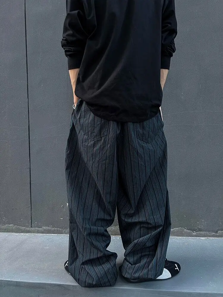 กางเกงขายาวทรงหลวมสไตล์อเมริกันเรโทร สีน้ำเงิน-ดำ ลายทางแนวตั้ง ผ้าฝ้าย สำหรับผู้ชายและผู้หญิง