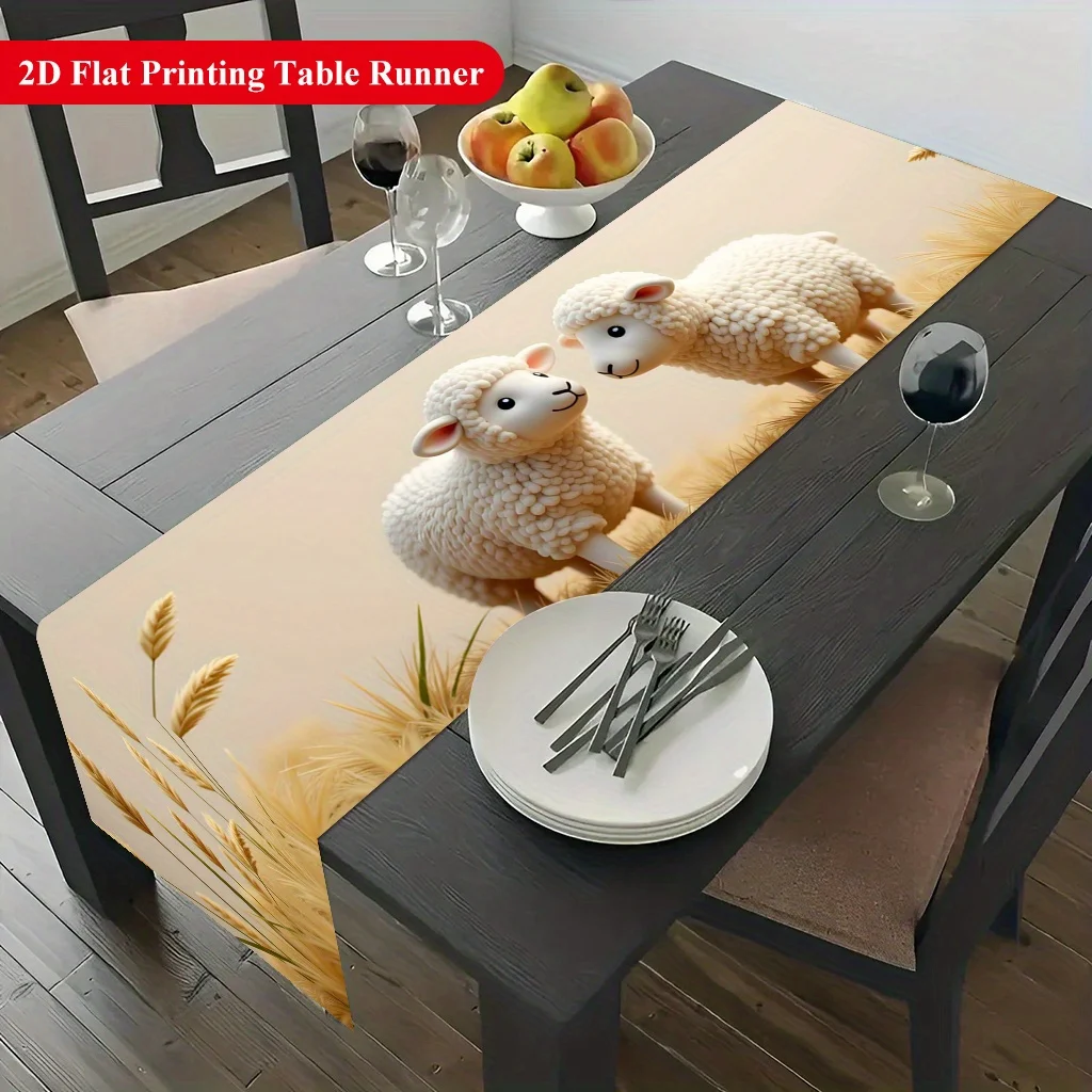 1pc 2D Flat Table Runner, Sheep Standing on Grass Printed Rectangle Table Runner, Decor for Dining Table, Coffee Table, Kitchen