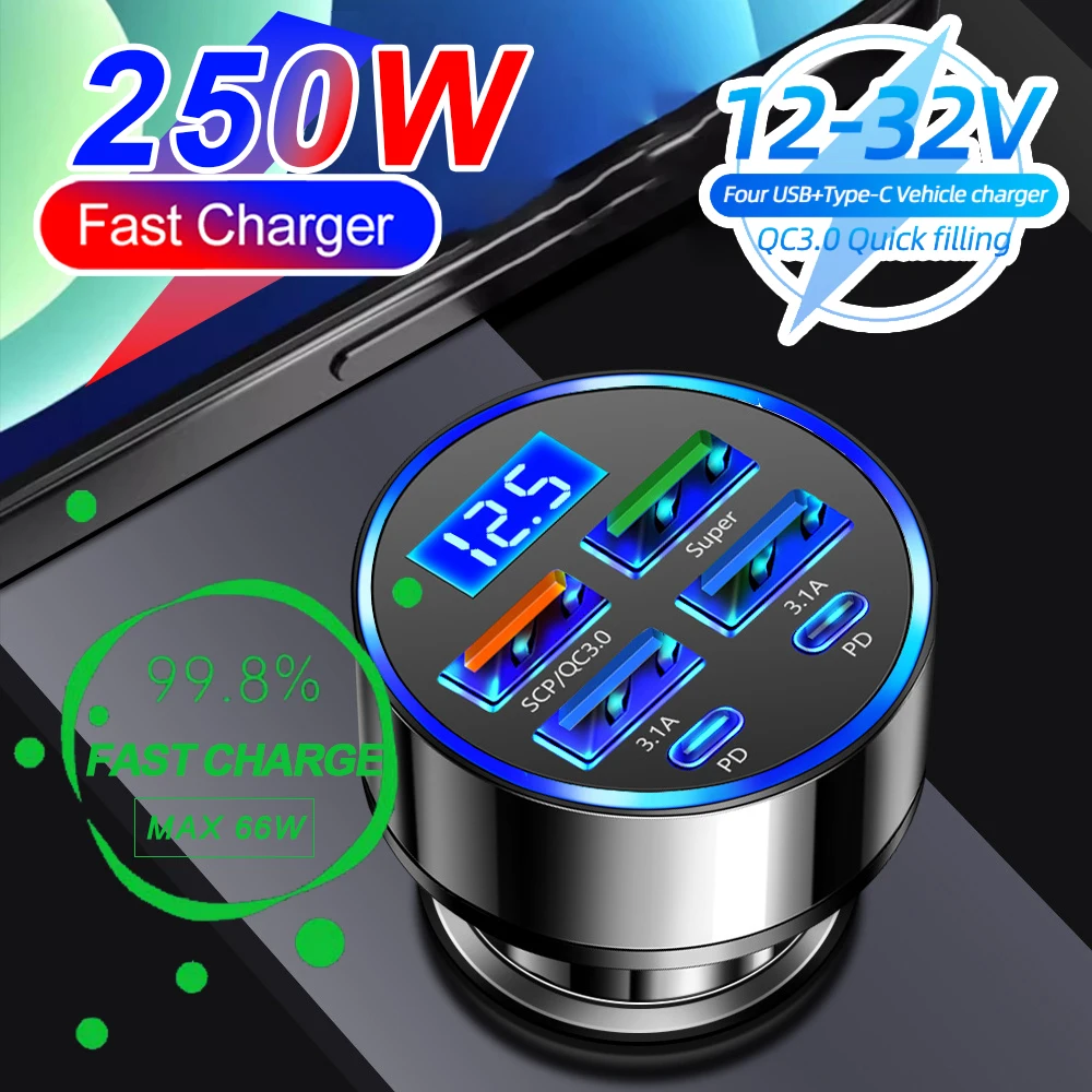 250W PD Car Charger QC3.0 Fast Charge One to Six Car Cigarette Lighter Plug Car Charger Flash Charge with Digital Display