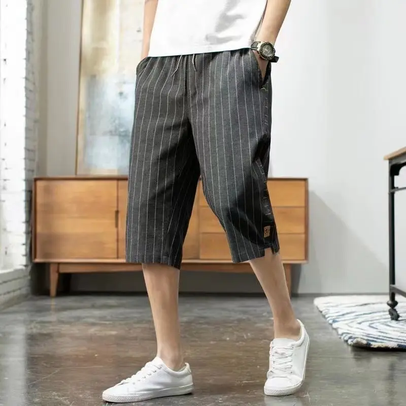 Summer New Trend Cotton Hemp Thin Straight Casual Capris Men Print Stripe Elastic Waist Drawstring Pocket Versatile Loose Shorts