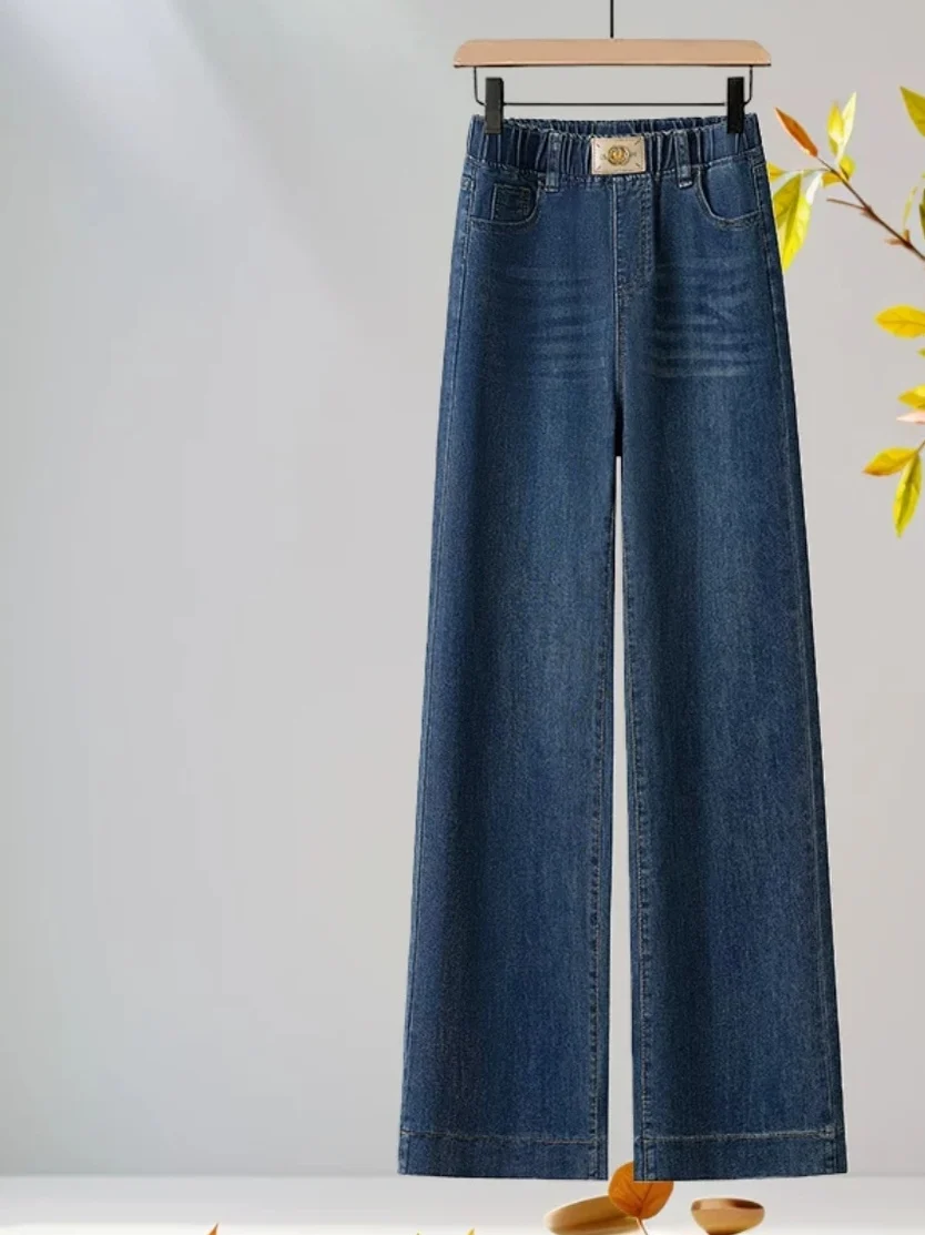 

Джинсовые брюки с высокой талией и эластичной резинкой на талии, женские свободные утягивающие джинсы большого размера, широкие джинсы, повседневные дышащие, удобные...