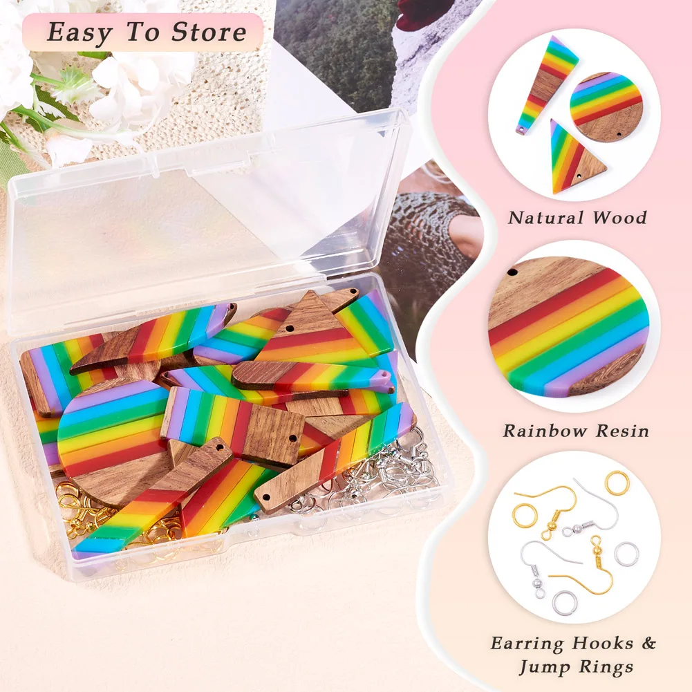 Rainbow Resin Wooden Pendant Earring Making Kit Exaggerated Walnut Wood Dangle Charm with Hook/Jump Ring Jewelry DIY Accessories