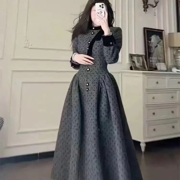 

Стильное платье с длинными рукавами, осень-зима 2021, новое европейско-американское женское винтажное платье в горошек, элегантное длинное платье для похудения TS419