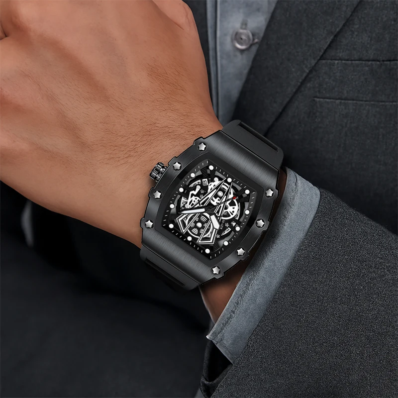 1pcs Men's Black Tape Sports Style Versatile Calendar Inverted Triangle Wine Bucket Quartz Watch