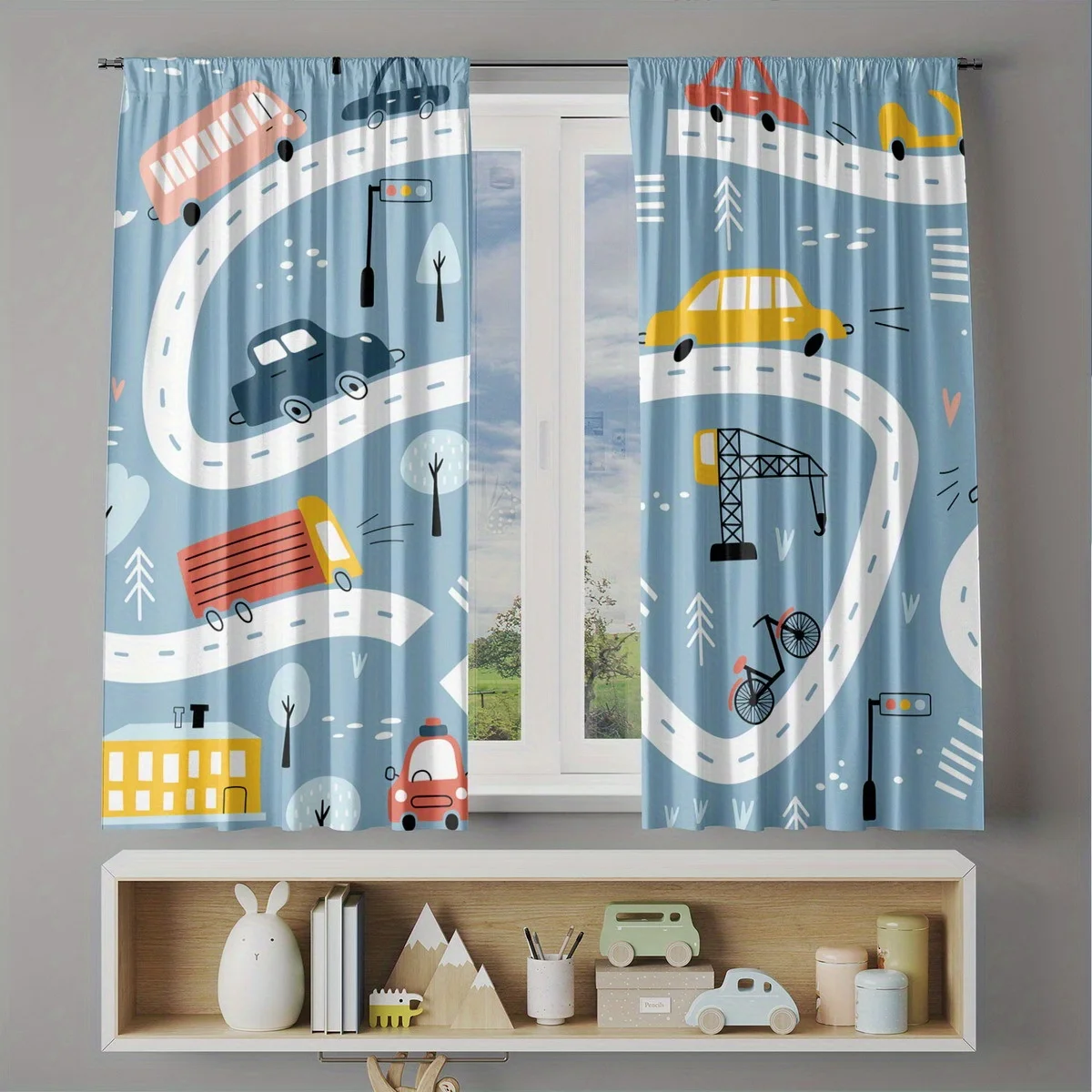 Soft Blue Kids Vehicle Theme Curtain 2 Panels Multi Type Car Road Building Living Room Curtain Playful Cartoon Retro Home Decor