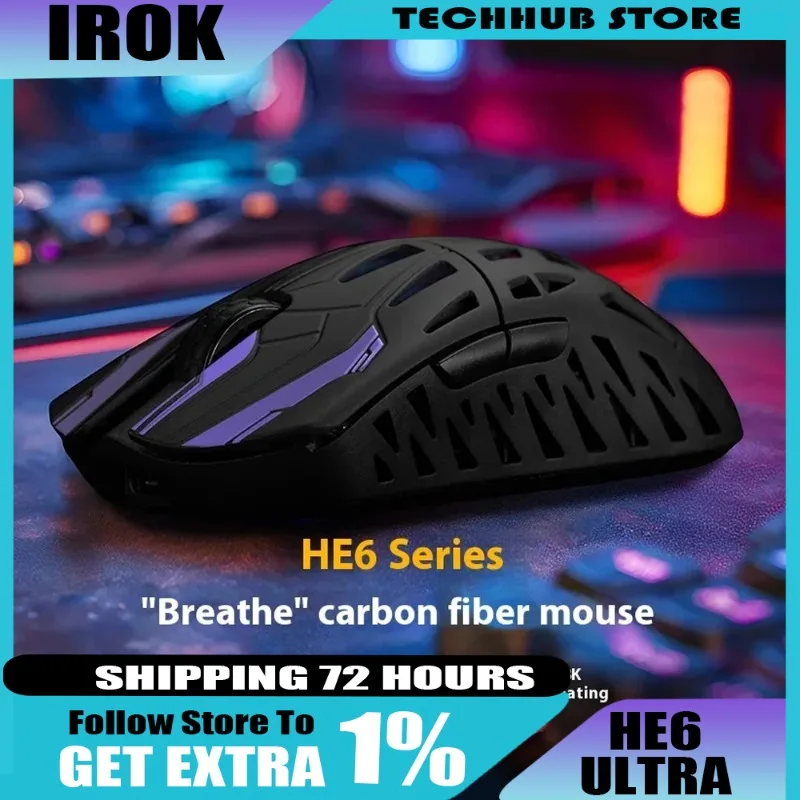 

IROK HE6 Ultra Беспроводная мышь с тремя режимами Paw3950 8000 Гц из углеродного волокна, легкая игровая мышь для киберспорта CS2, аксессуары для ПК