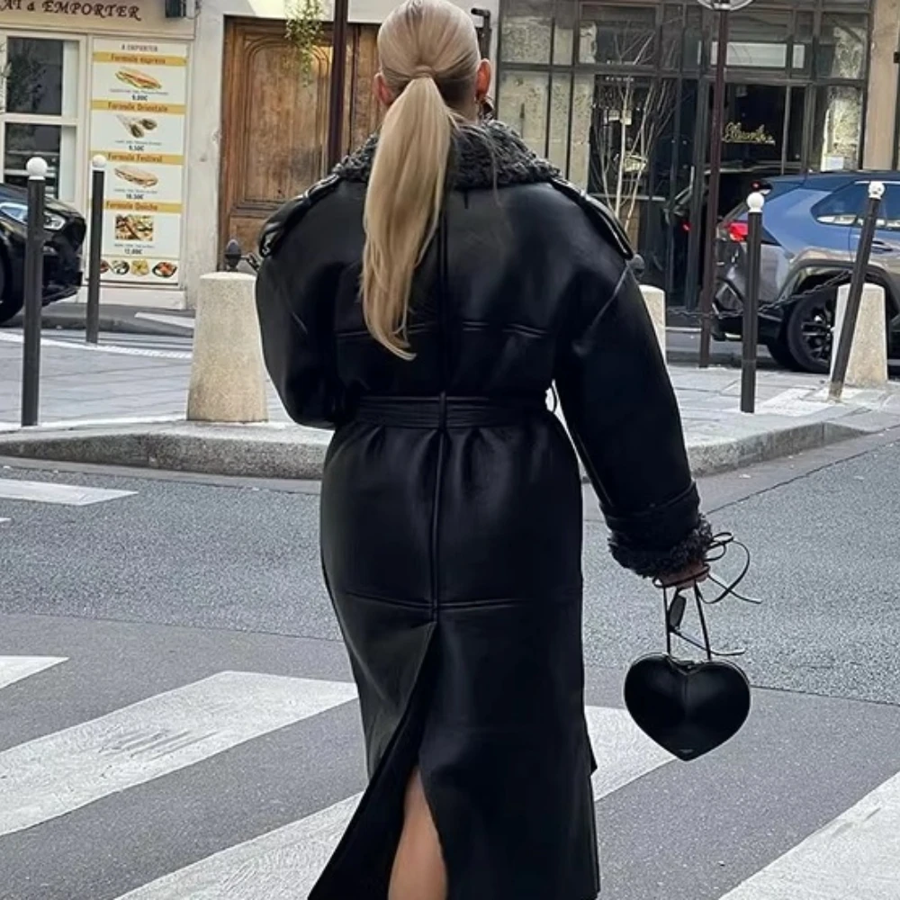 女性用ラムウールレザーロングジャケット,暖かいラペル,長袖,ベルトポケットコート,パッチワーク,冬,2022