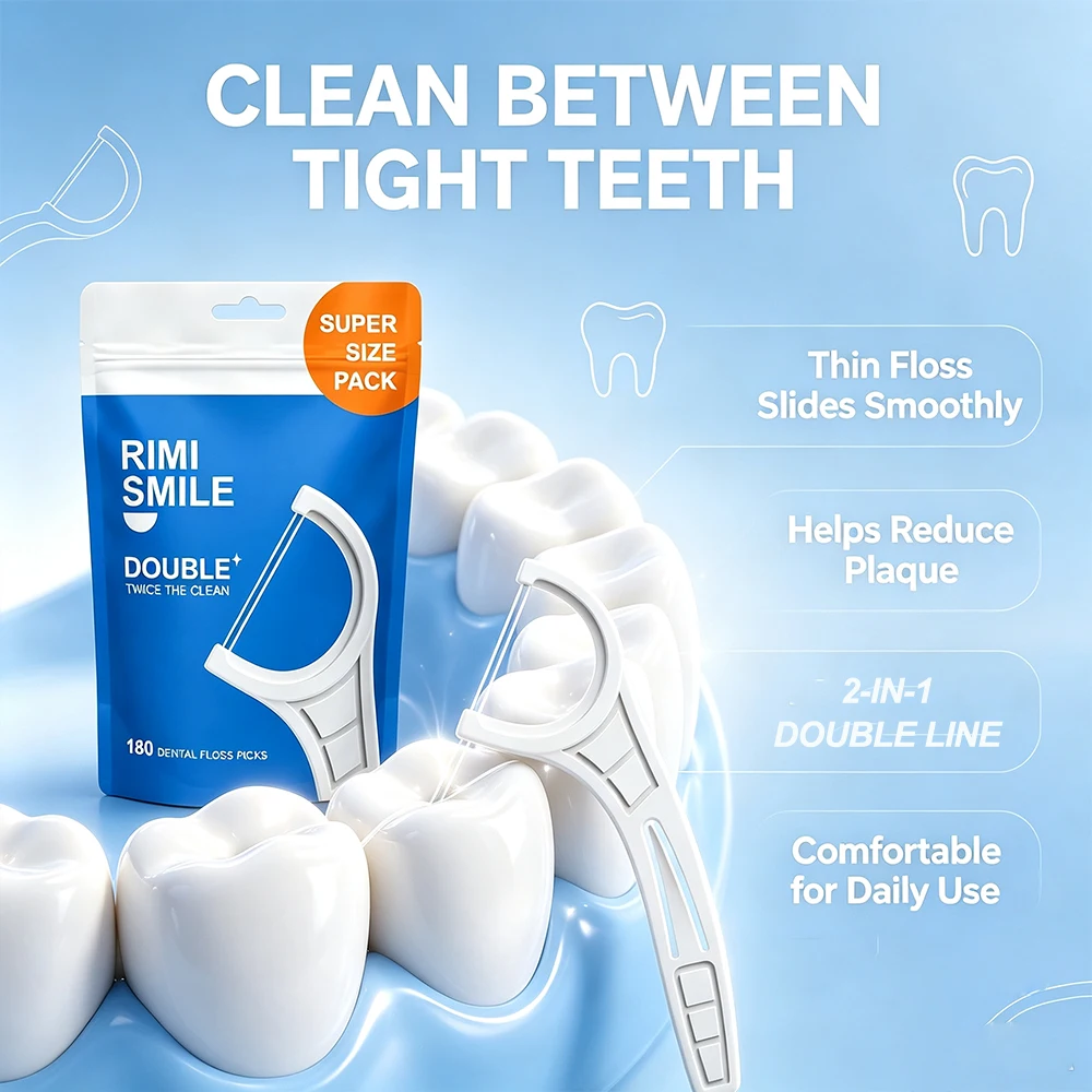 720/360/180/25pcs RIMI SMILE Double Strand Floss Picks, Durable Unbreakable Floss Sticks, Disposable Teeth Cleaner for Adults