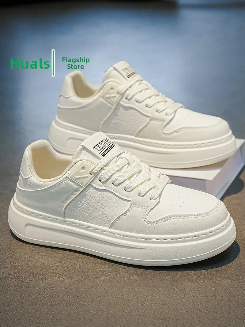 Men's Casual Leather Shoes Autumn Trend All-Match White Board Shoes Teenage Waterproof Anti-Slip Sports Heightening White Sne...