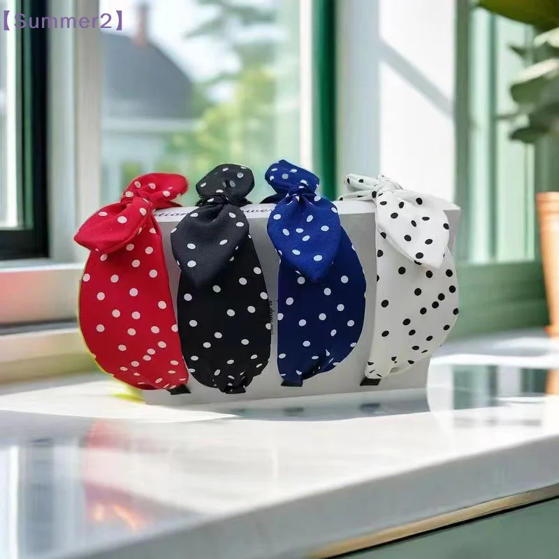 【Xia2】Retro Hong Kong Style Bow Headband Sweet Fabric Polka Dot Bow Head Scarf Fashion Wide Hairband For Makeup{S}