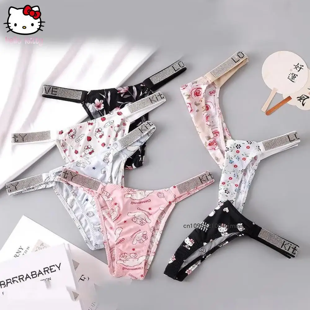 

Sanrio Hello Kitty, горячая девушка, инкрустация бриллиантами, сексуальные ледяные шелковые трусы с Т-образной спинкой, каваи, новые вентиляционные трусы с комиксами, модный подарок подруге