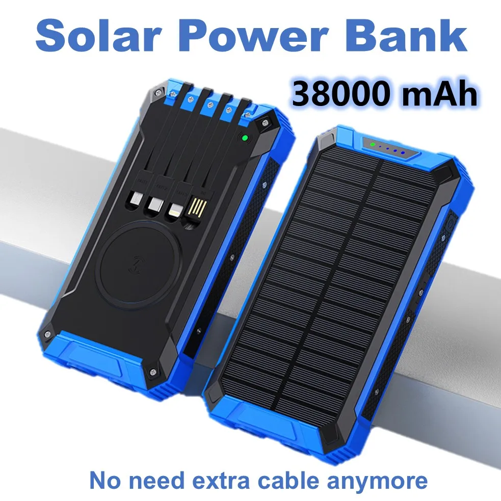 Portable Solar Power Bank 38000mAh Large Capacity Power Bank Built-in IPhone/Type-C/Android Cable Wireless Charge Camp Equipment