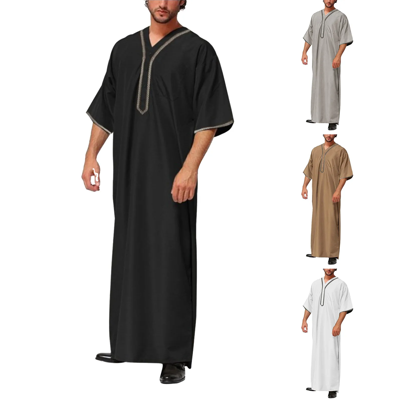 Men Robes Vintage Half Sleeve Muslim Kaftan Leisure V Neck Printed Jubba Thobe Solid Color Arabic Saudi Eid Clothes