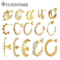 Women 925 Sterling Silver Ear Needle Big C Hoop Stud Earrings Exquisite Crystal Colored Zircon Gold Fashion Party Huggie Jewelry