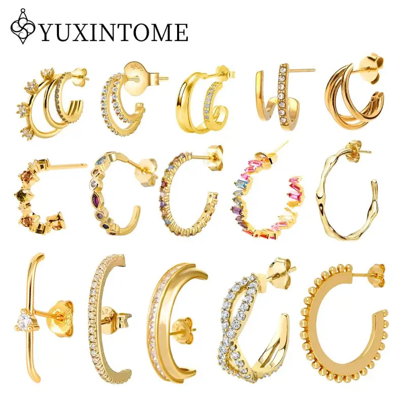 Women 925 Sterling Silver Ear Needle Big C Hoop Stud Earrings Exquisite Crystal Colored Zircon Gold Fashion Party Huggie Jewelry