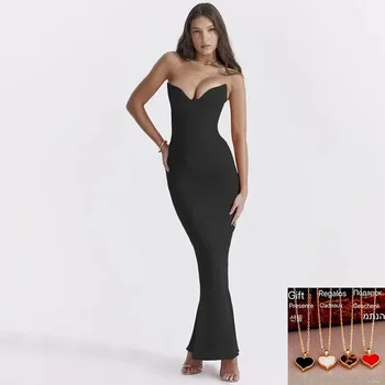 2024 Slim Bodycon Elegant Mermaidชุดผู้หญิงเซ็กซี่สีดําStraplessฤดูร้อนไนท์คลับของแข็งชุดยาวMaxi Fishbone