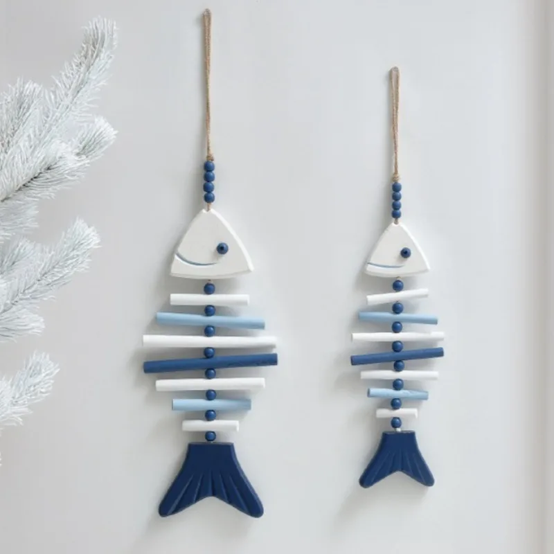 Mediterranean Style Wooden Fish Bone Hanging Ornament Handcrafted Large Small Fish String Net Wall Decor for Home Decoration
