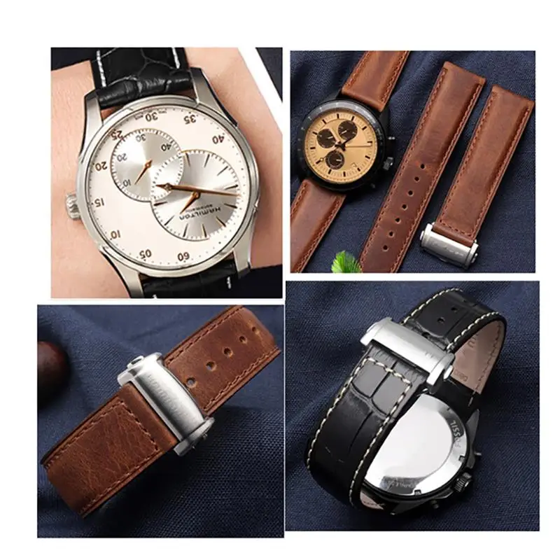 SCHIK Cowhide Leather Watchband 20mm 22mm Strap Folding Buckle For Hamilton Khaki Aviation Classic Series Men Bracelet