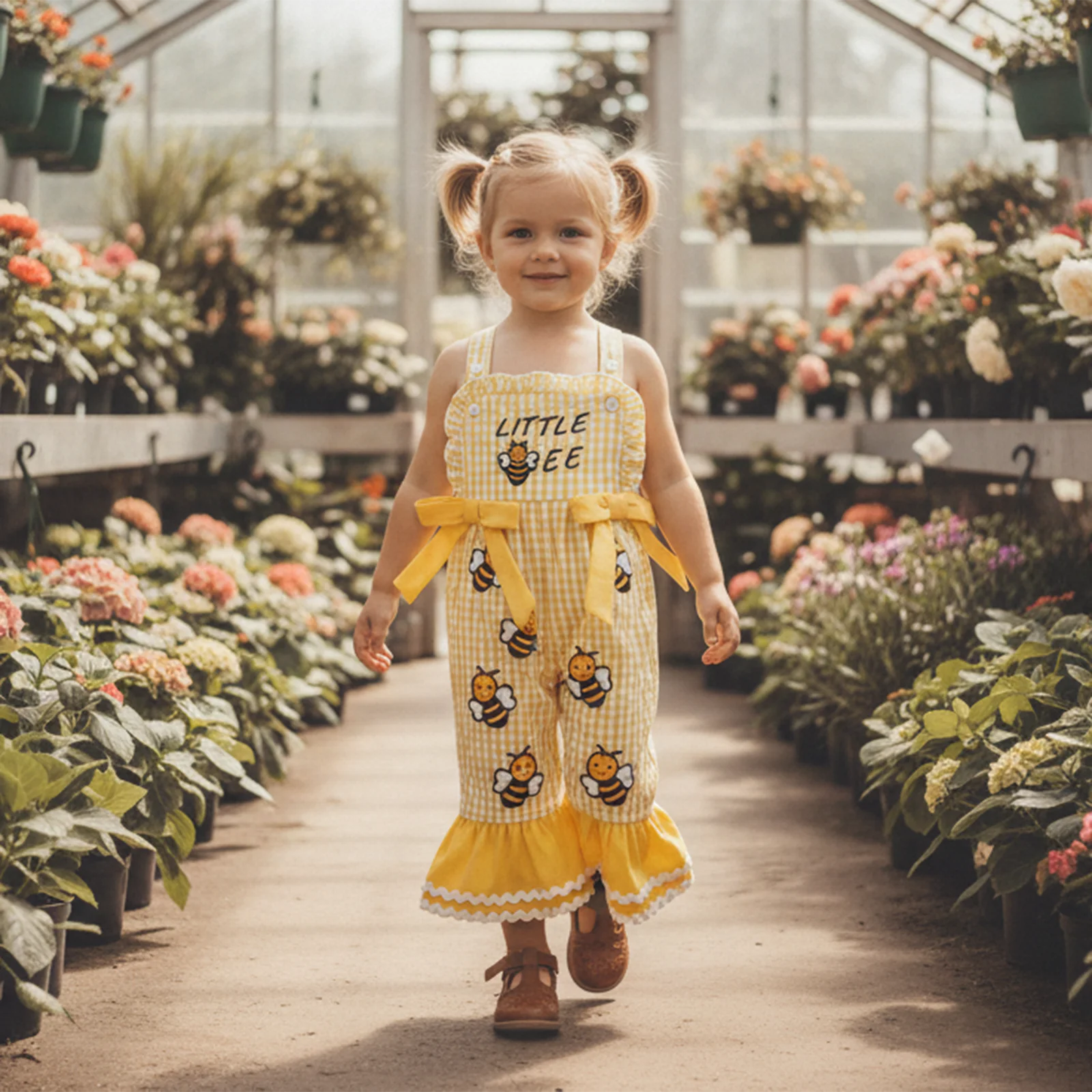 

Комбинезон Tregren для маленьких девочек, расклешенный низ, клетчатый комбинезон без рукавов с вышивкой пчелы и декоративным бантом