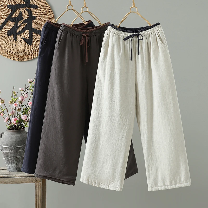 

Утепленные хлопковые льняные брюки прямого кроя для женщин, с высокой талией, длинные, теплые, облегающие, зимние, повседневные