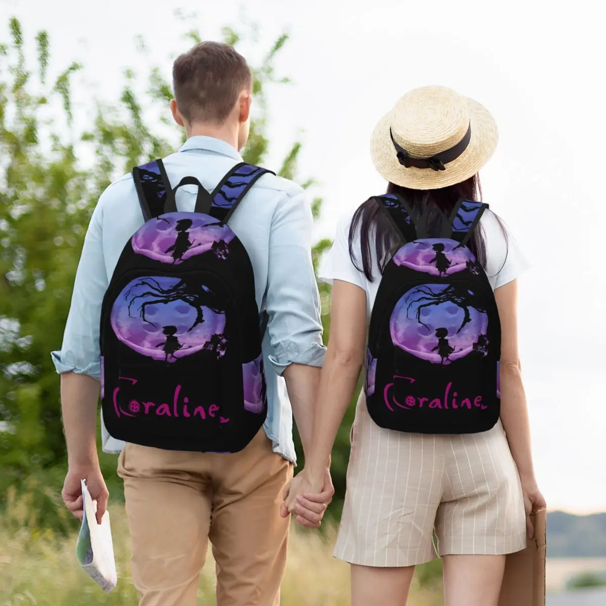 Coralines Moon Cartoons Backpack for Men Women Casual High School Work Daypack Horror Movie Laptop Canvas Bags Sports