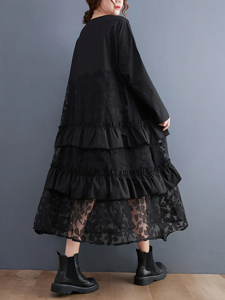 Ruffles Mesh Floral Black Vintage Dress Women Long Sleeve Loose Casual Midi Ladies Dresses Fashion Clothing Spring Autumn 2025