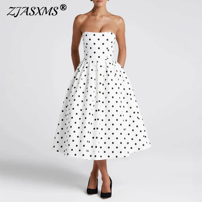 Vestido Sexy sin tirantes y espalda descubierta para mujer, vestidos largos con estampado de lunares, cintura alta, corte en A, vestido de noche calado