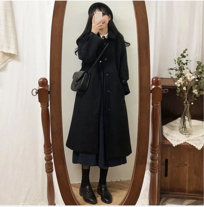 Autumn Winter Jacket Single Breasted Thick Women's Woolen Coat Lapel Slim All-match 98% Wool High Quality Black Fashion Outwear