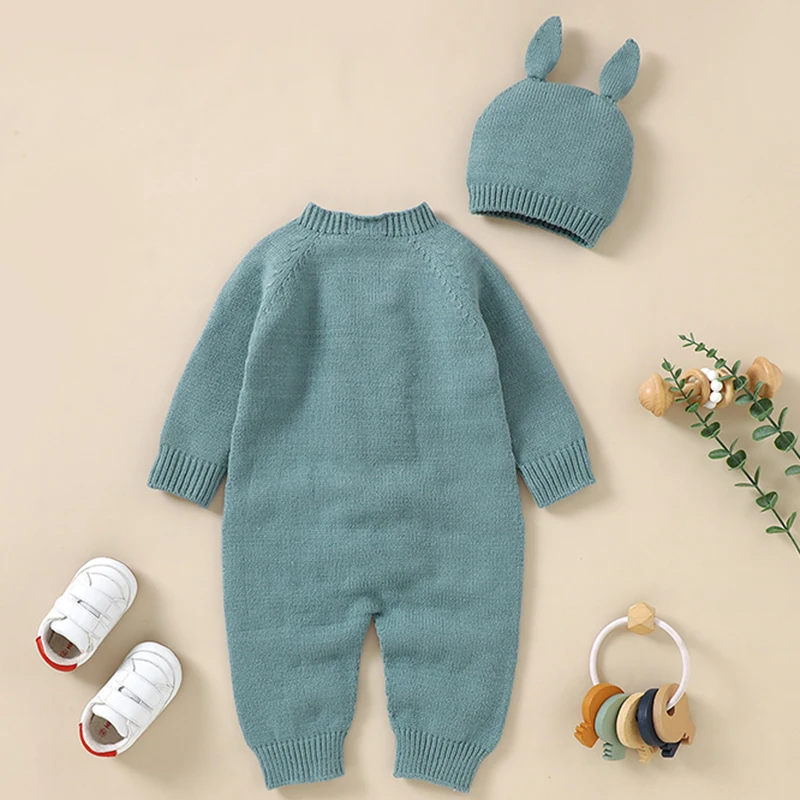 Baby Girls Rompers Clothes Autumn Ruffle Long Sleeve Knitted Newborn Infant Boys Onesie Hats Outfits Toddler Children Jumpsuits