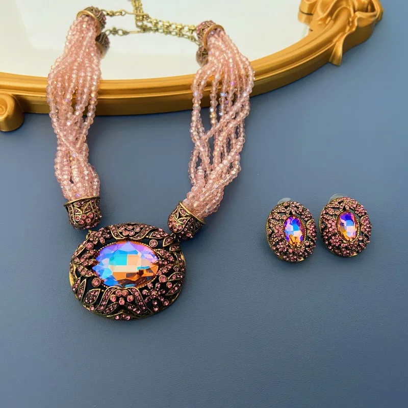 

Vintage Western Heavy Industry Full Rhinestone Multi layered Rice Beads Necklace Earrings Jewelry Set For Women Gift