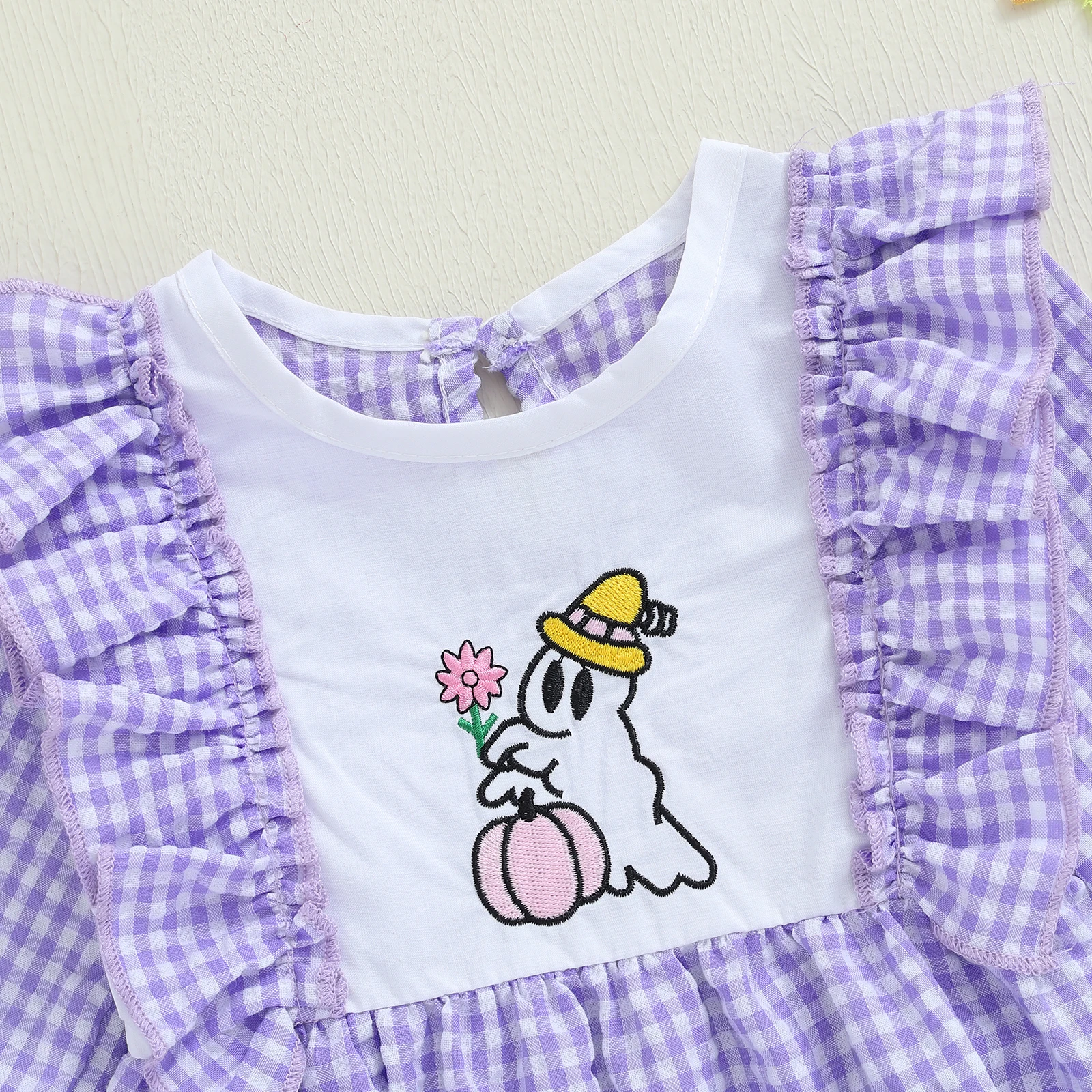 VISgogo طفلة هالوين منقوشة رومبير اليقطين الساحرة شبح المطرزة كشكش تقليم كم طويل بذلة لطيف الخريف الملابس