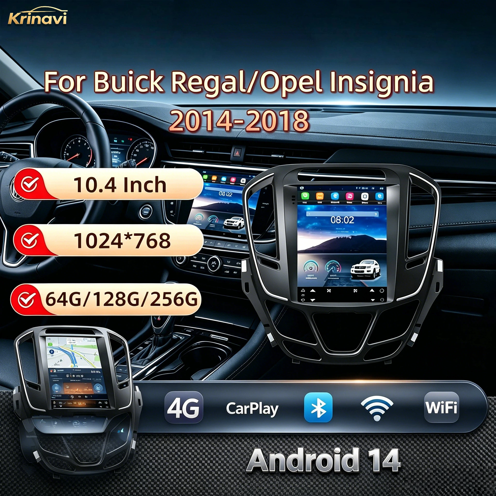 Android 14 CarPlay GPS Multimedia Player Display For Opel Insignia Buick Lacrosse Regal 2014-2018 Car Radio Stereo Head Unit