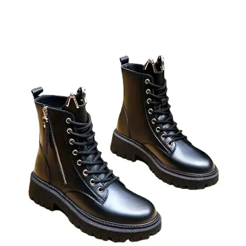 2025 Trend Women's Pu Leather Ankle Boots Autumn Winter Round Toe Lace Up Shoes Woman Classic Fashion Motorcycle Platform Botas