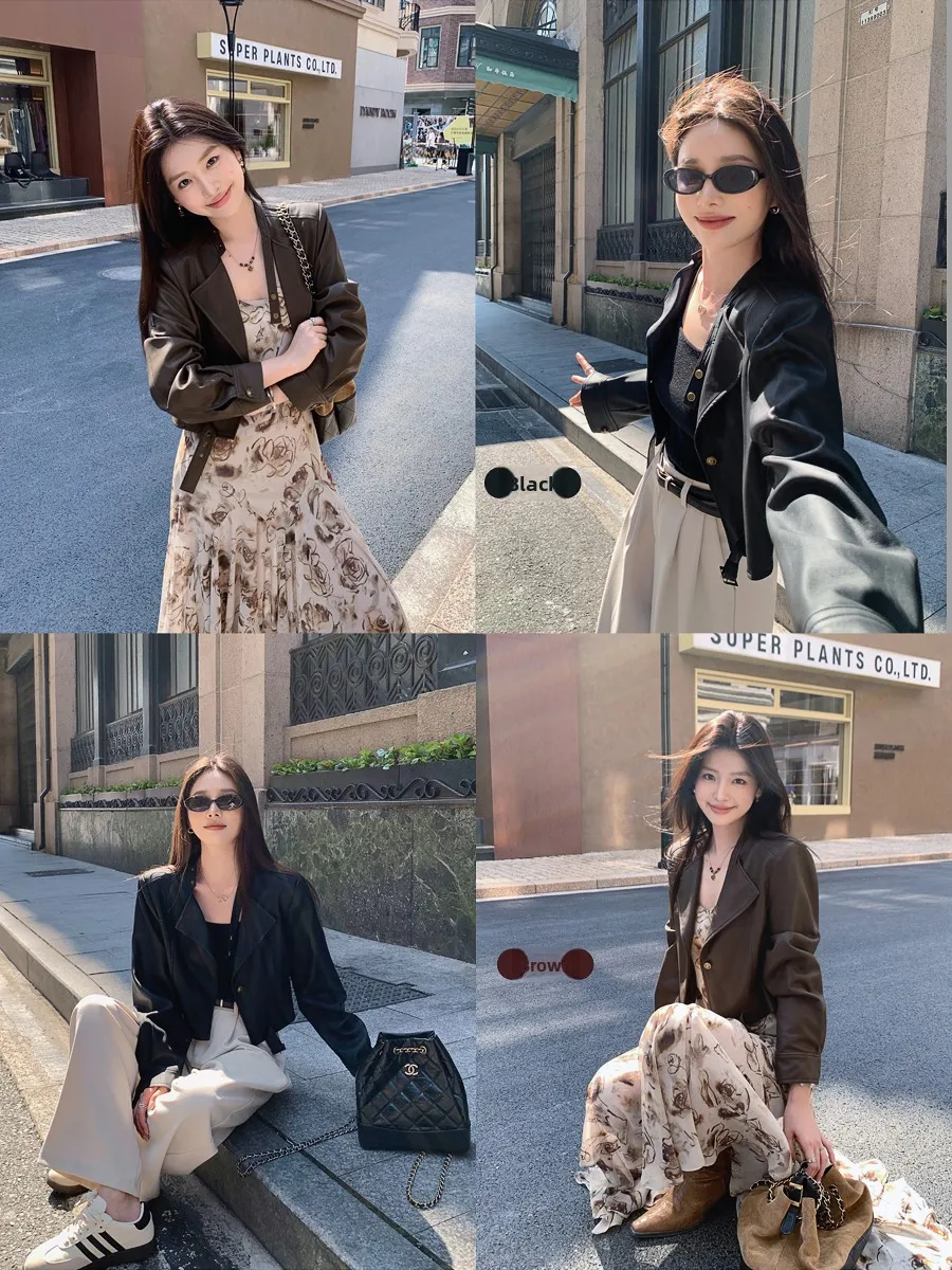 Slim Fit Bruin PU-leer Jaet Dames Lente Herfst Amerikaanse Sle ort Bikerjas V-Ne Button Decoration Commute Sle