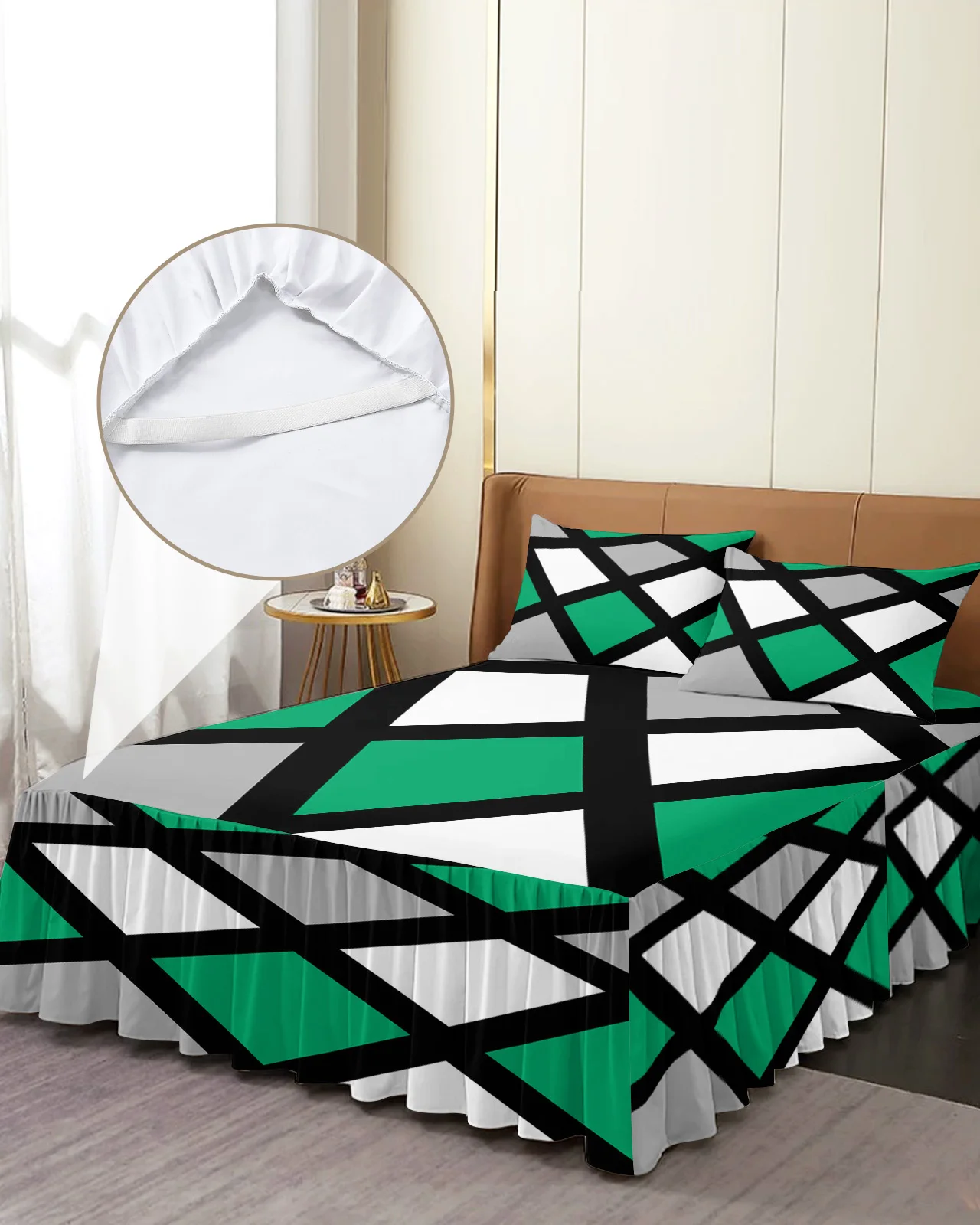 Jade Green Black Grey Geometric Square Bed Skirt Elastic Fitted Bedspread With Pillowcases Mattress Cover Bedding Set Bed Sheet