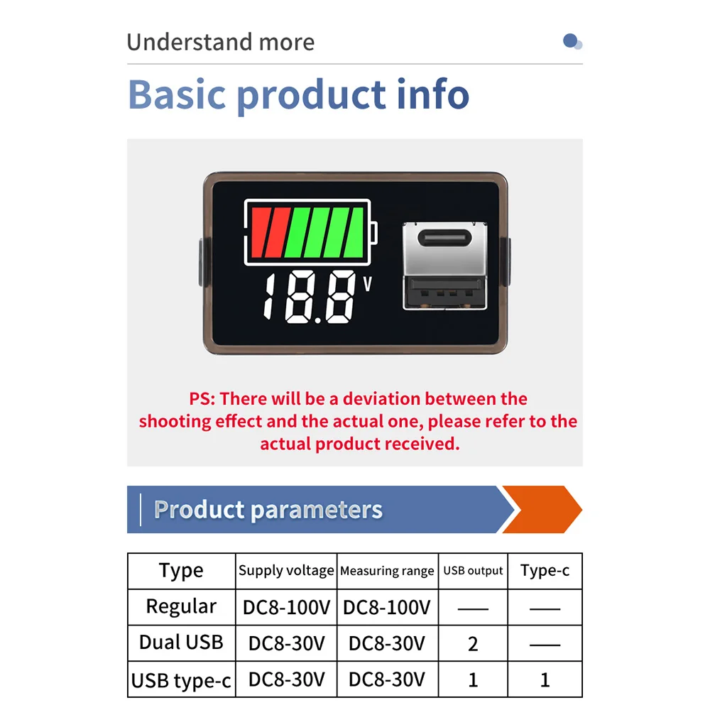 DC8-30V USB+Type Battery Charge Level Indicator Lithium Battery Capacity Meter Tester Display LED Tester Voltmeter