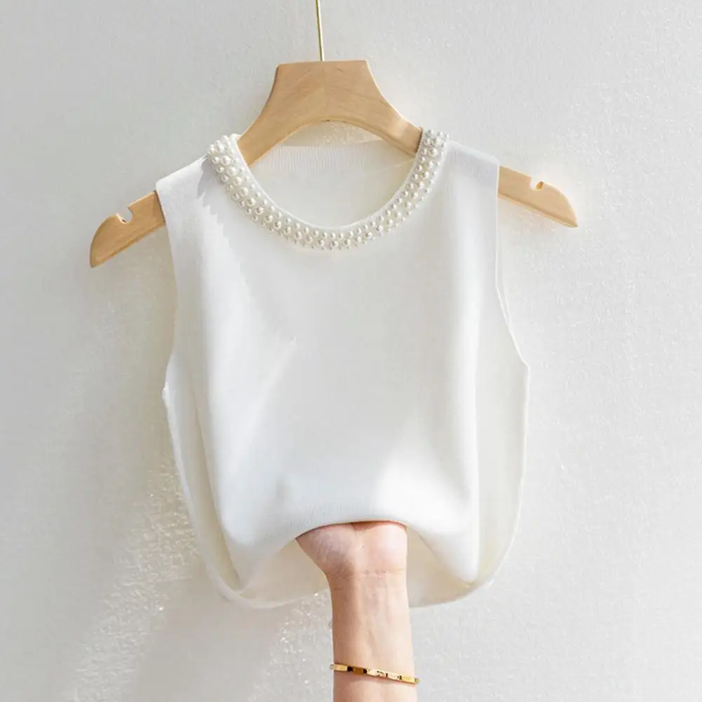 سترة علوية فضفاضة مناسبة أنيقة من اللؤلؤ الصناعي سترة متماسكة مريحة بدون أكمام مع قطع ثلاثية الأبعاد أنيقة وقابلة للتمدد صلبة