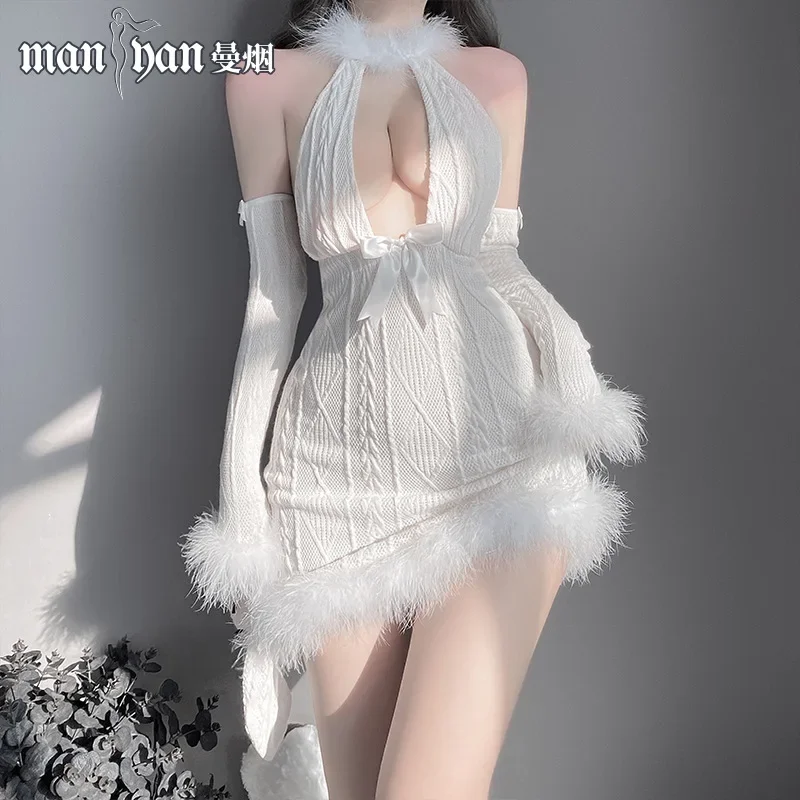 Cosplay Kostüm Lolita Bunny Girl Halfter rücken freie Plüsch schlanke Mini kleid Frauen aushöhlen kawaii schöne pelzige kleine Schafe