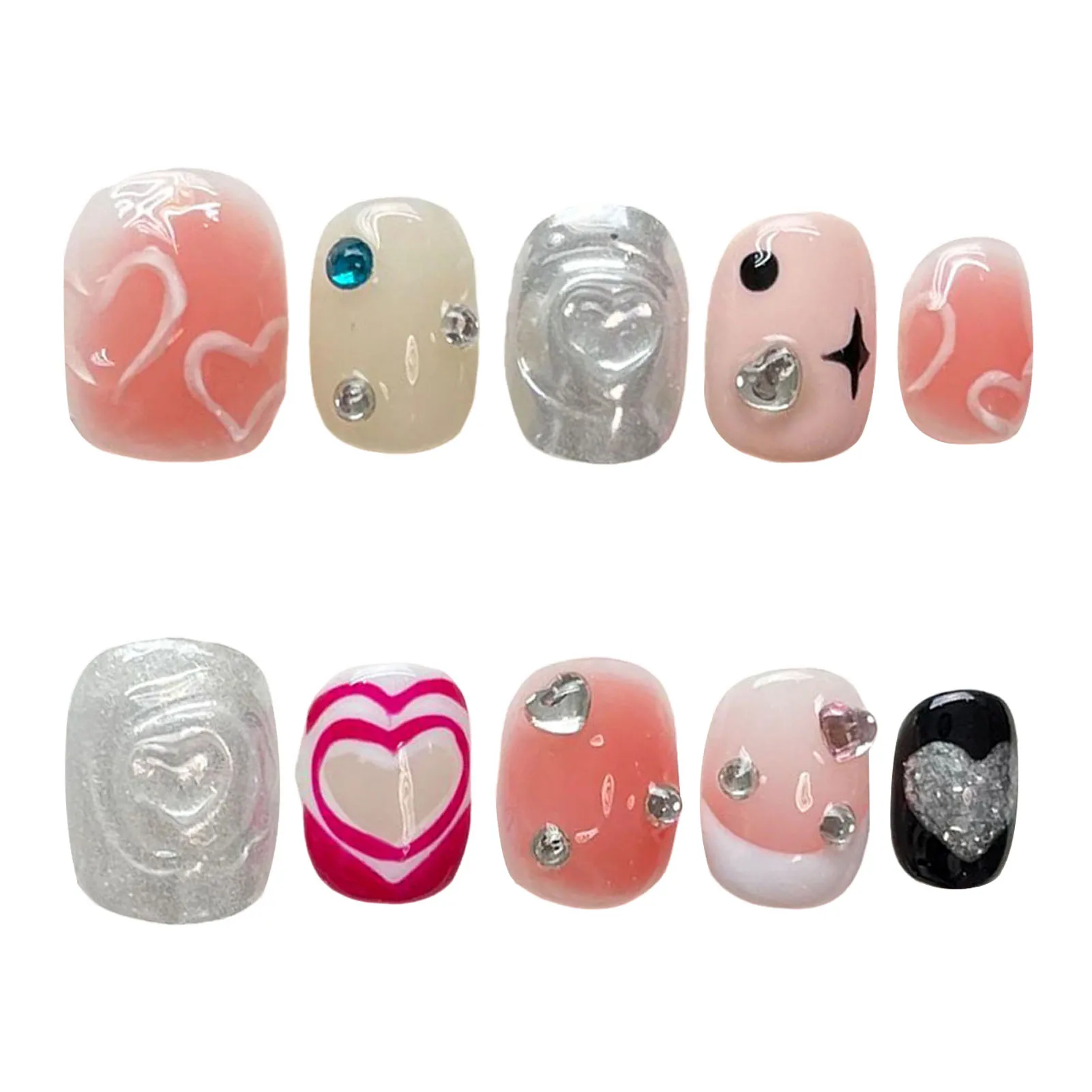 Pink Silver Fake Nails with Heart Printed Natural Unbreakable Nail Simple Wear for Stage Performance Wear