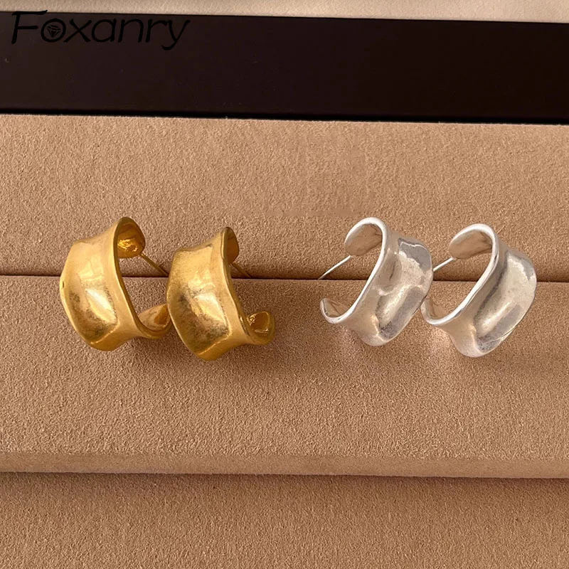 Foxanry Minimalist Silver Color Stud Earrings for Women Couples Fashion Creative Width Geometry Handmade Birthday Party Jewelry